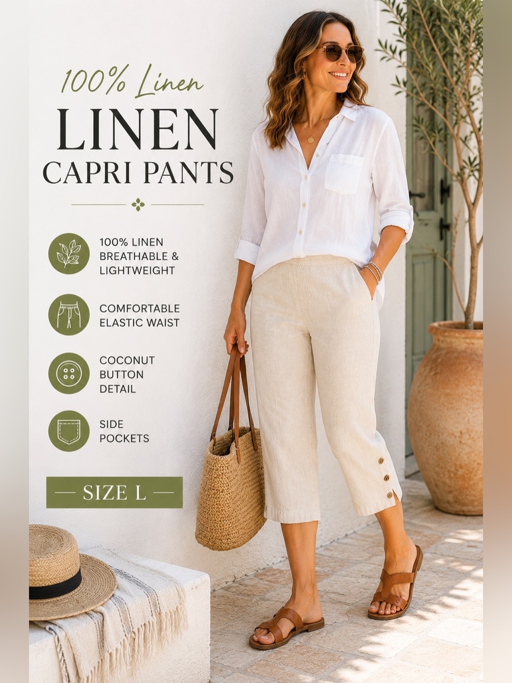 100% Linen Cream Capri Pants | Elastic Waist | Coconut Button Detail | L